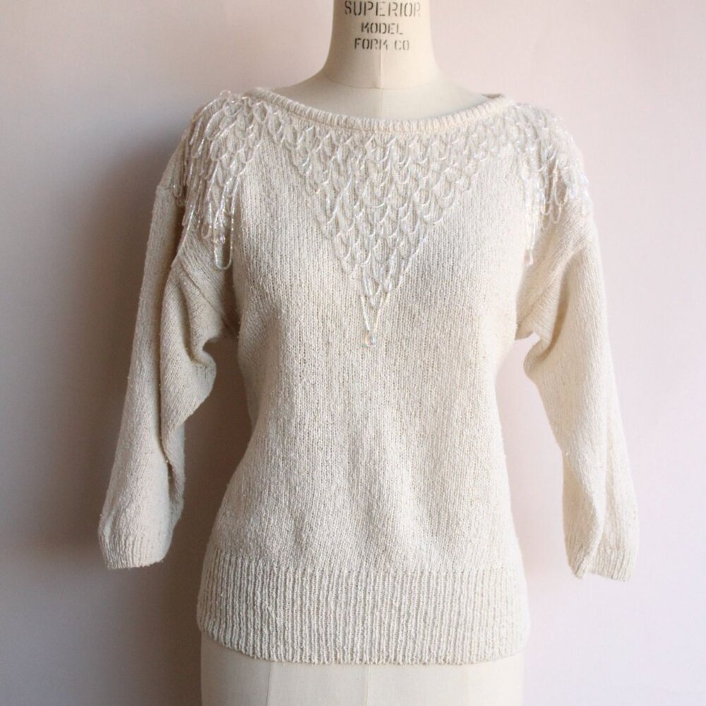 Vintage 1980s Sweater, Bonnie Boerer Ivory Pullover with Fringed Beading, - Picture 2 of 10